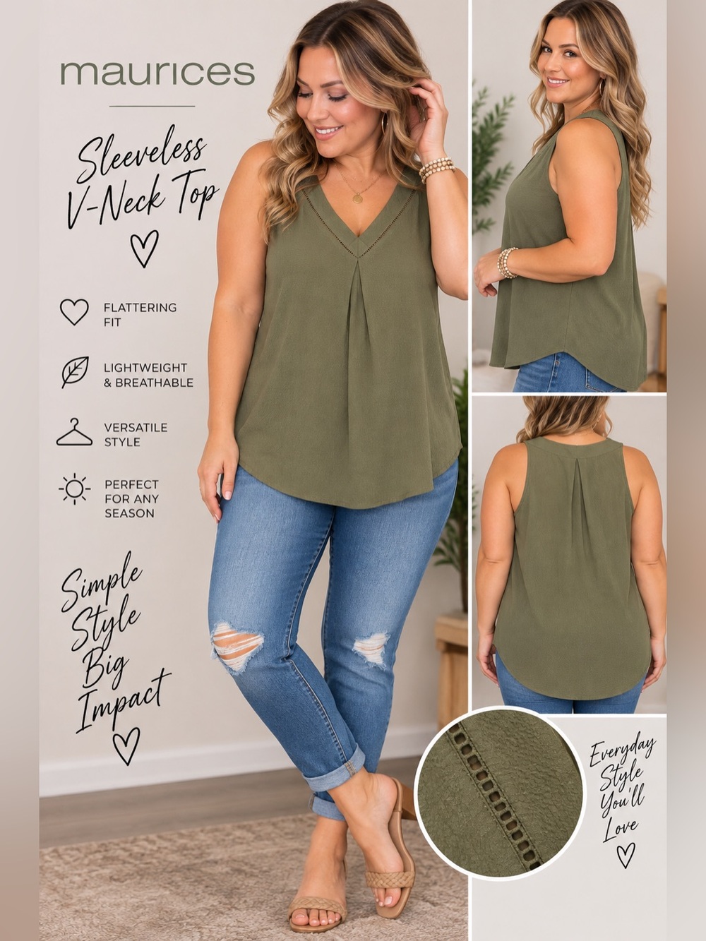 Maurices Olive Green Sleeveless V-Neck Blouse Top Size Large